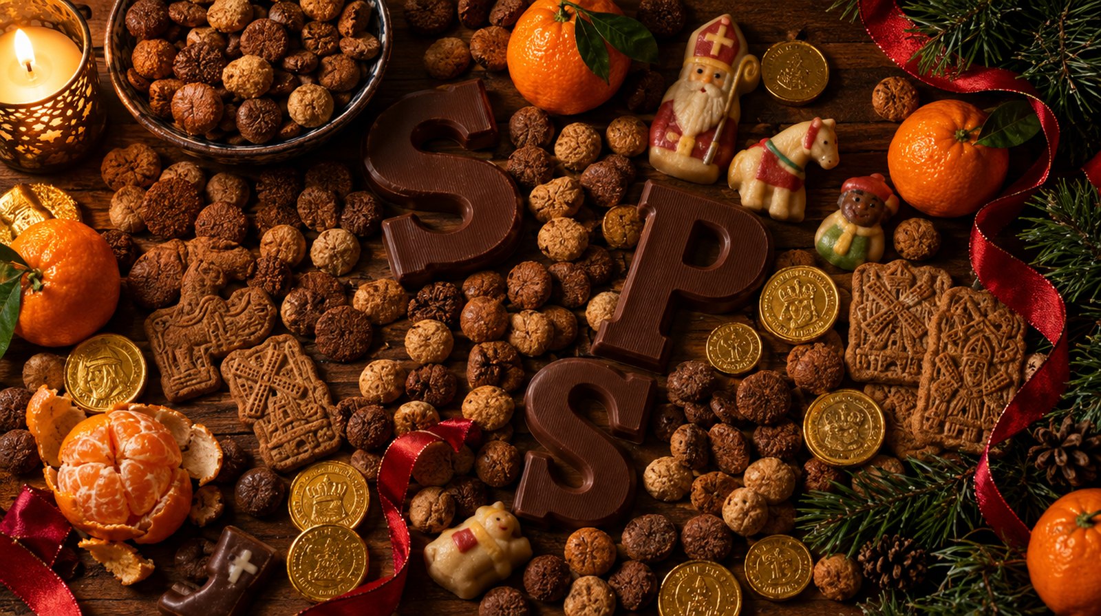 Pepernoten, chocoladeletters, mandarijnen en marsepein
